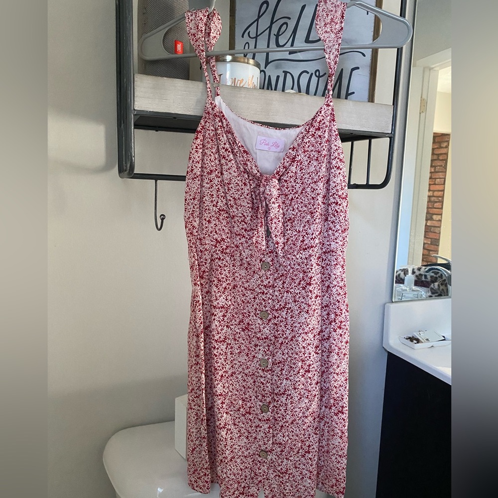 Red floral button up dress
